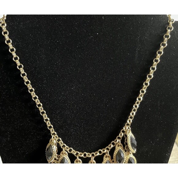 Waterfall Tear Drop Style Bib Statement Necklace Gold Tone Black Jet 20" - Picture 4 of 6